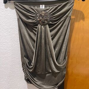 Olive Green Draped strapless top with Decorative Brooch